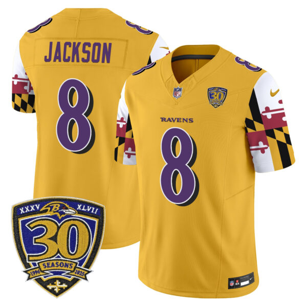 Baltimore Ravens Lamar Jackson 'Maryland Flag Edition' 30th Anniversary Patch Vapor Limited Jersey - All Stitched - Gold