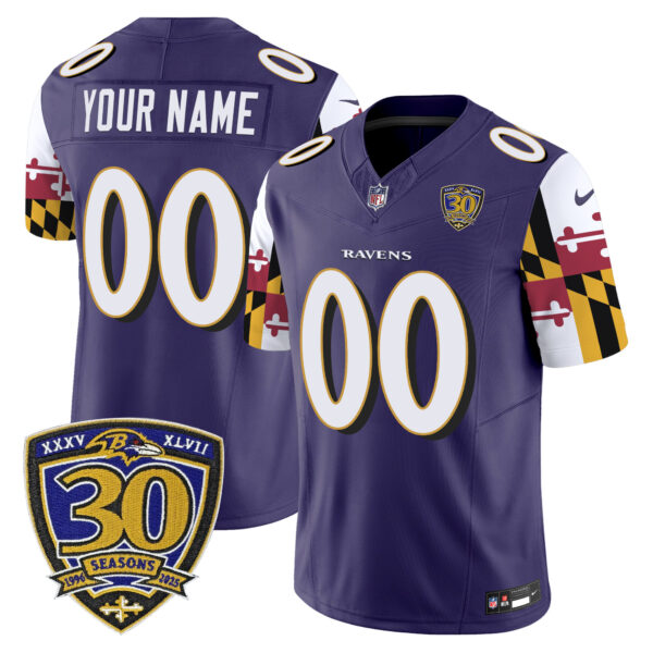 Baltimore Ravens 'Maryland Flag Edition' 30th Anniversary Patch Vapor Limited Custom Jersey - All Stitched - Purple