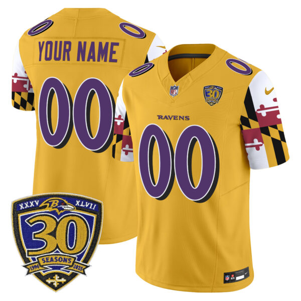 Baltimore Ravens 'Maryland Flag Edition' 30th Anniversary Patch Vapor Limited Custom Jersey - All Stitched - Gold