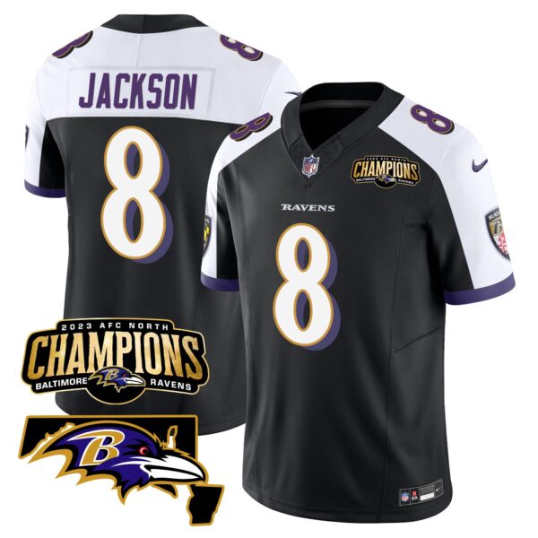 Baltimore Ravens Lamar Jackson 2023 AFC North Champions Maryland Patch Vapor Limited Jersey - All Stitched - Black Alternate
