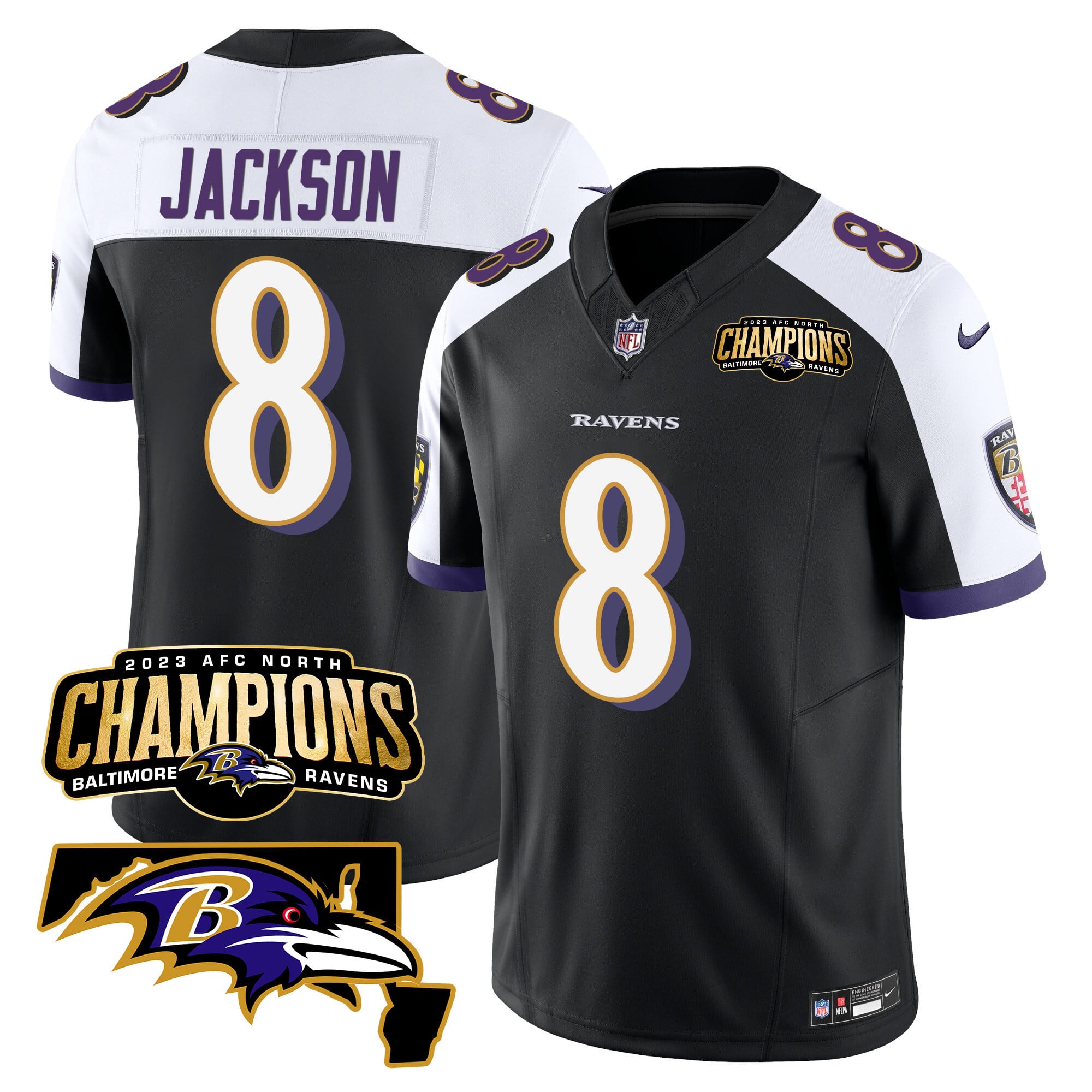 Baltimore Ravens Lamar Jackson 2023 AFC North Champions Maryland Patch Vapor Limited Jersey - All Stitched - Black Alternate