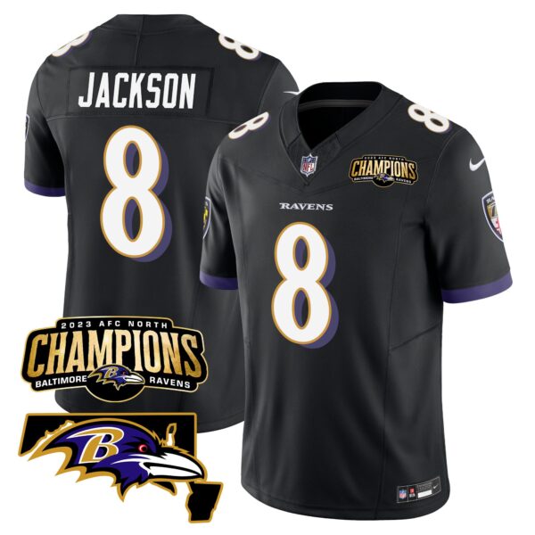 Baltimore Ravens Lamar Jackson 2023 AFC North Champions Maryland Patch Vapor Limited Jersey - All Stitched - Black