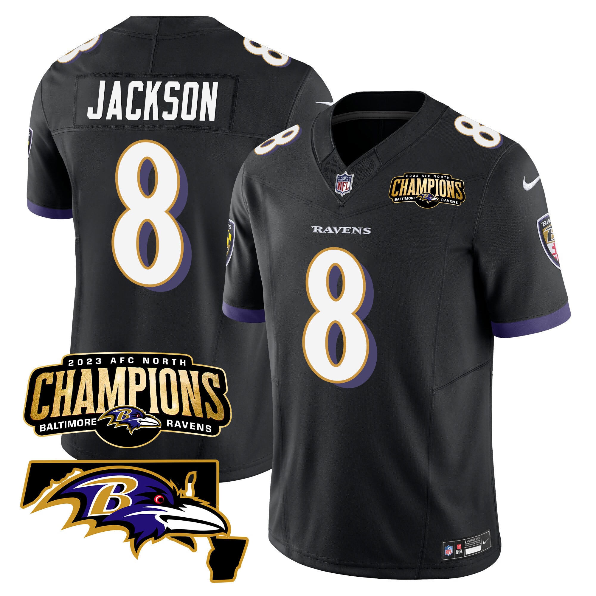 Baltimore Ravens Lamar Jackson 2023 AFC North Champions Maryland Patch Vapor Limited Jersey - All Stitched - Black