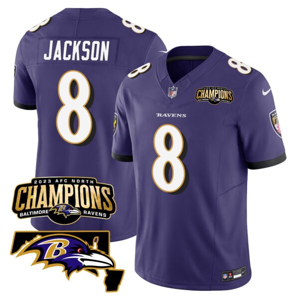 Baltimore Ravens Lamar Jackson 2023 AFC North Champions Maryland Patch Vapor Limited Jersey - All Stitched - Purple