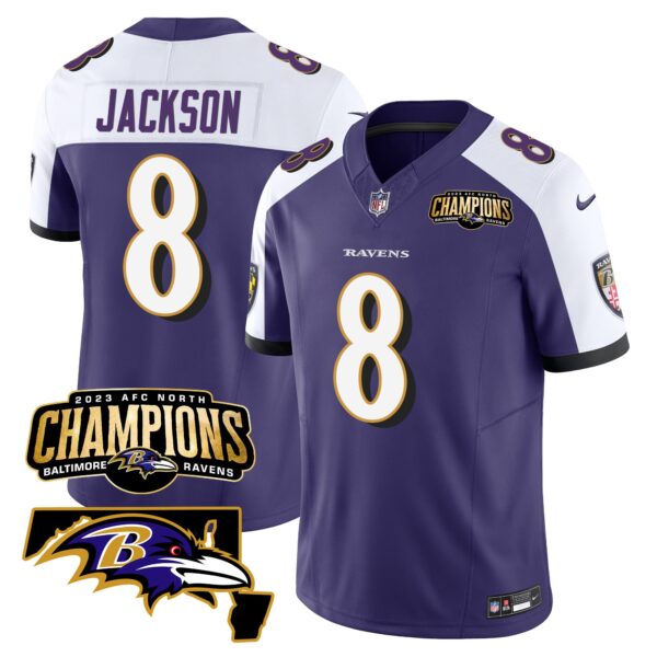 Baltimore Ravens Lamar Jackson 2023 AFC North Champions Maryland Patch Vapor Limited Jersey - All Stitched - Purple Alternate