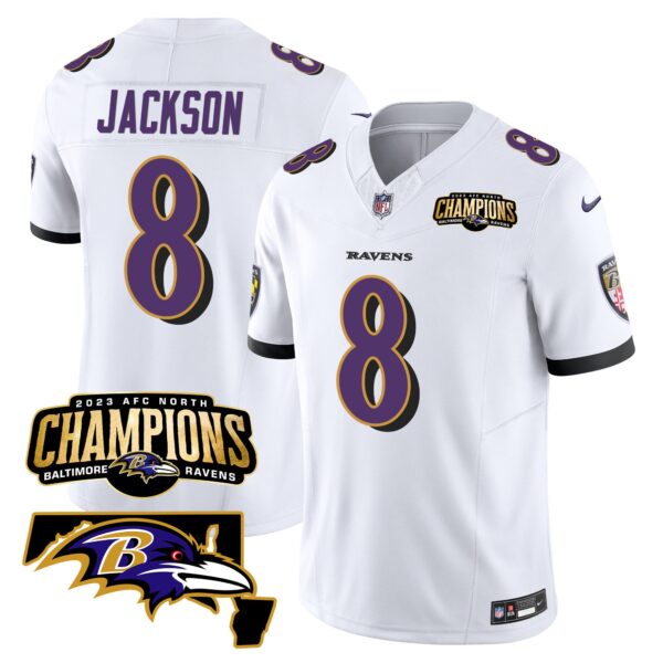 Baltimore Ravens Lamar Jackson 2023 AFC North Champions Maryland Patch Vapor Limited Jersey - All Stitched - White
