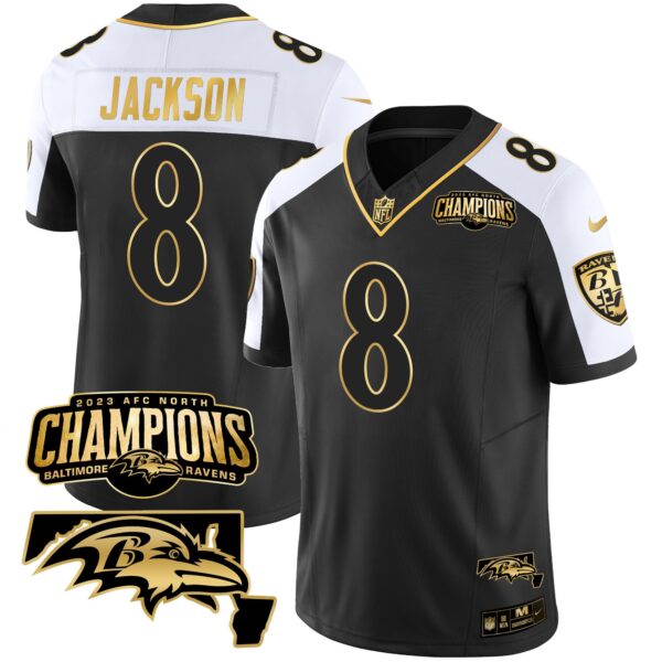 Baltimore Ravens Lamar Jackson 2023 AFC North Champions Maryland Patch Vapor Limited Jersey - All Stitched - Alternate