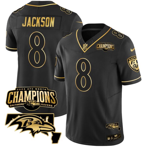 Baltimore Ravens Lamar Jackson 2023 AFC North Champions Maryland Patch Vapor Limited Jersey - All Stitched - Black Gold