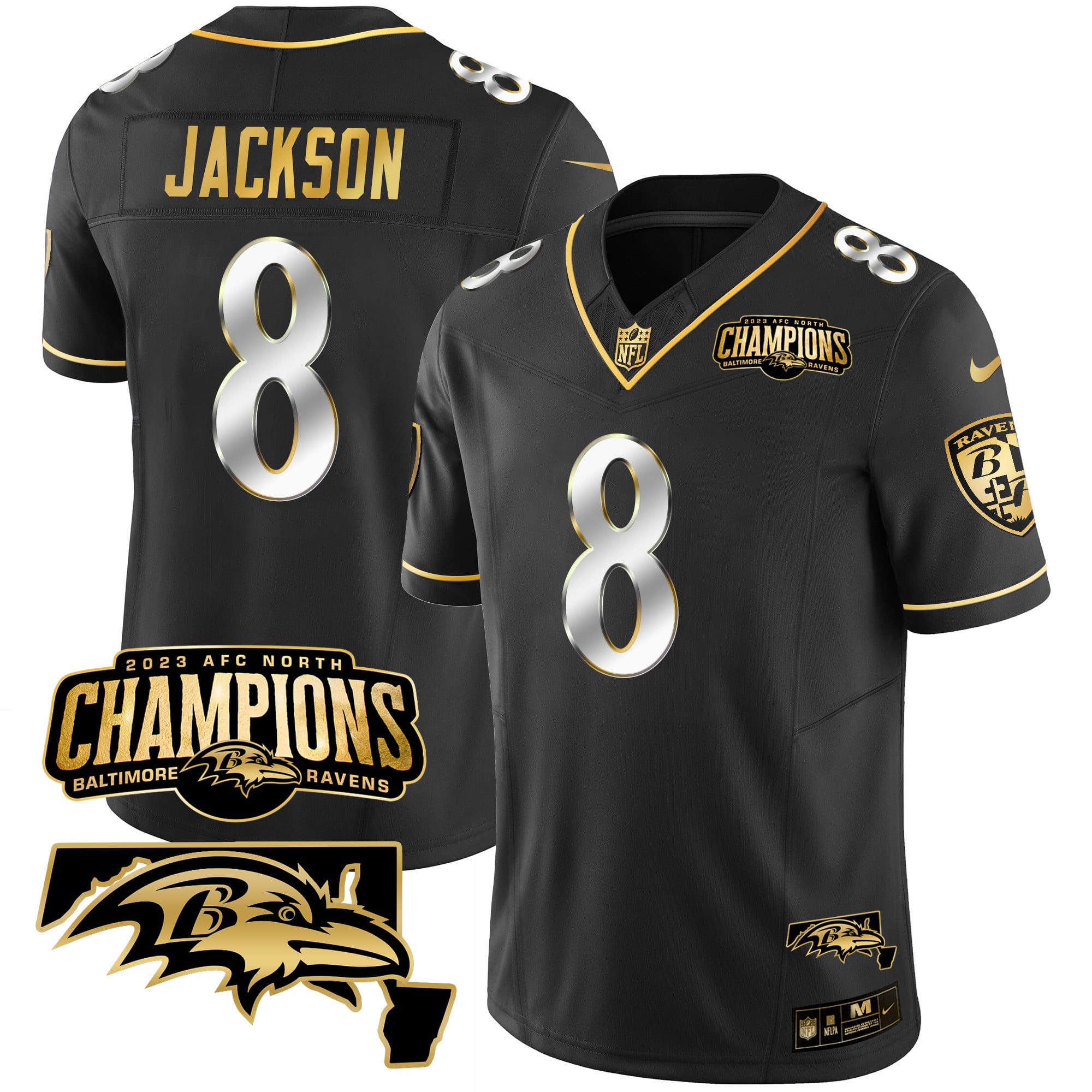 Baltimore Ravens Lamar Jackson 2023 AFC North Champions Maryland Patch Vapor Limited Jersey - All Stitched - Black Limited