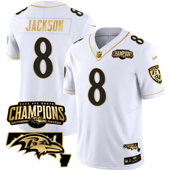Baltimore Ravens Lamar Jackson 2023 AFC North Champions Maryland Patch Vapor Limited Jersey - All Stitched - White Gold