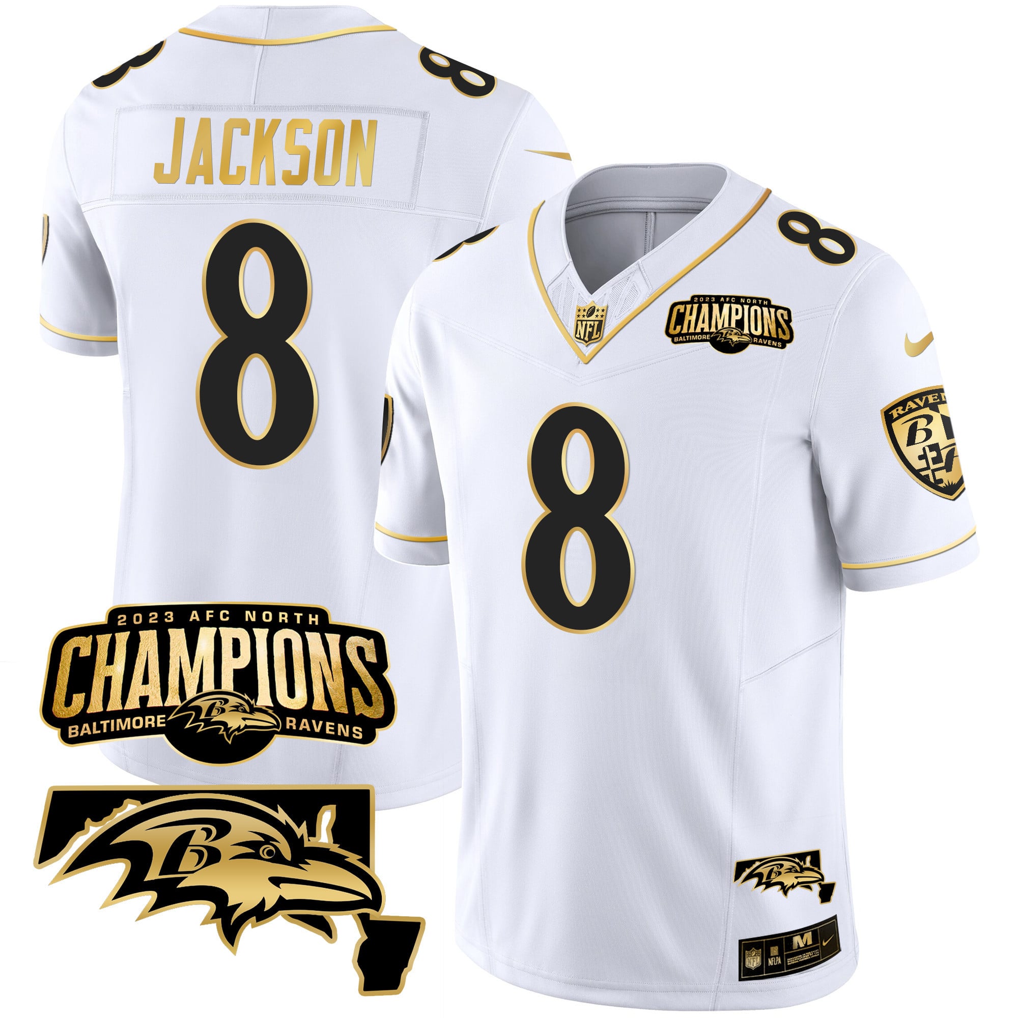 Baltimore Ravens Lamar Jackson 2023 AFC North Champions Maryland Patch Vapor Limited Jersey - All Stitched - White Gold
