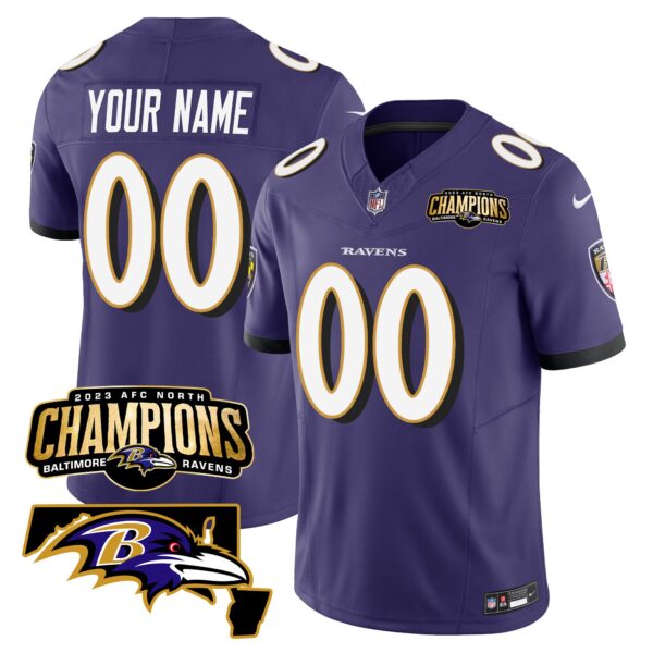 Baltimore Ravens 2023 AFC North Champions Maryland Patch Vapor Limited Custom Jersey - All Stitched - Purple