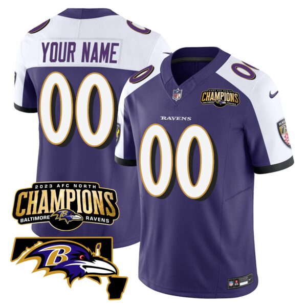 Baltimore Ravens 2023 AFC North Champions Maryland Patch Vapor Limited Custom Jersey - All Stitched - Purple Alternate