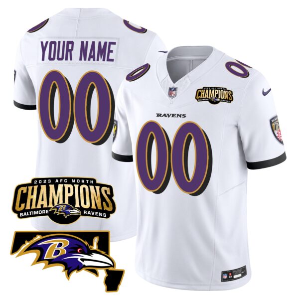Baltimore Ravens 2023 AFC North Champions Maryland Patch Vapor Limited Custom Jersey - All Stitched - White