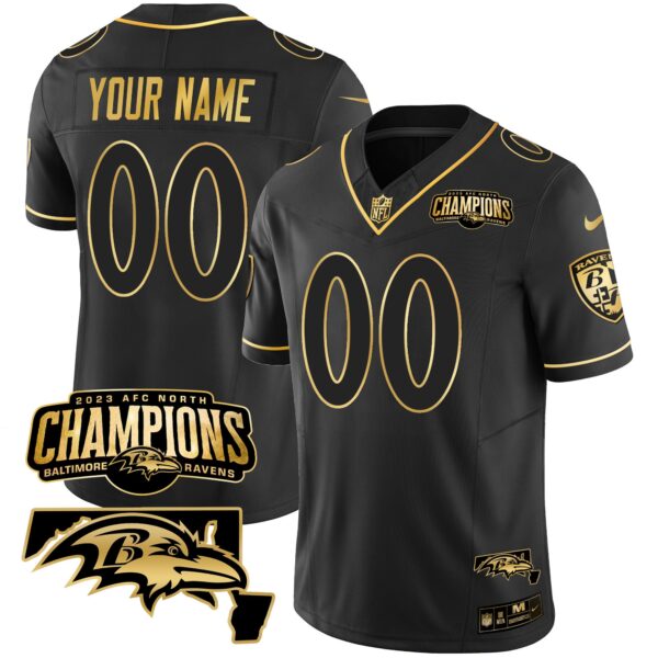 Baltimore Ravens 2023 AFC North Champions Maryland Patch Vapor Limited Custom Jersey - All Stitched - Black Gold