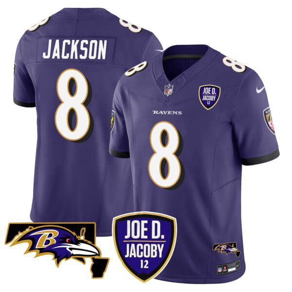 Baltimore Ravens Lamar Jackson Joe D. Jacoby Patch Vapor Limited Jersey - All Stitched - Purple