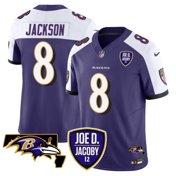 Baltimore Ravens Lamar Jackson Joe D. Jacoby Patch Vapor Limited Jersey - All Stitched - Purple Alternate