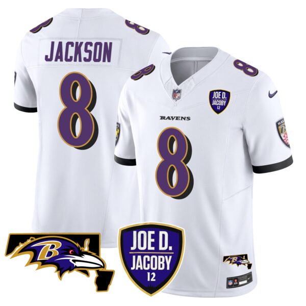 Baltimore Ravens Lamar Jackson Joe D. Jacoby Patch Vapor Limited Jersey - All Stitched - White