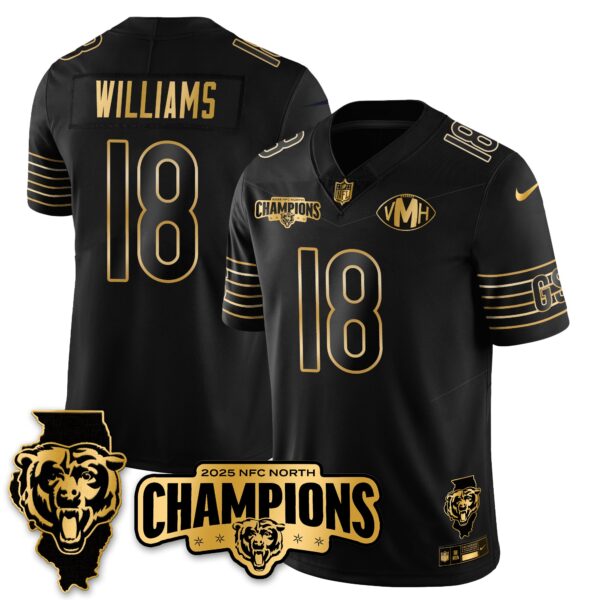 Chicago Bears Caleb Williams 2025 NFC North Division Champions Vapor Limited Gold Jersey - All Stitched - Black Gold