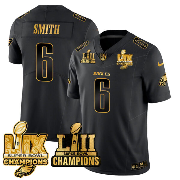 Philadelphia Eagles DeVonta Smith Super Bowl LIX Champions Gold Jersey - All Stitched - Black Gold