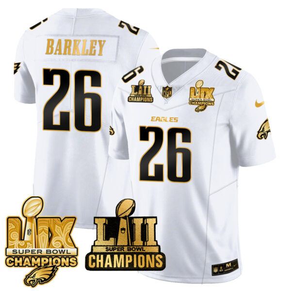 Philadelphia Eagles Saquon Barkley Super Bowl LIX Champions Gold Jersey - All Stitched - White Gold