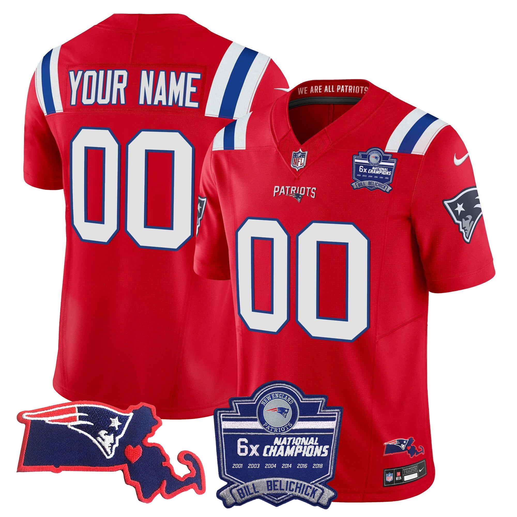 New England Patriots Bill Belichick 6x Champions Patch Vapor Custom Jersey - All Stitched - Red