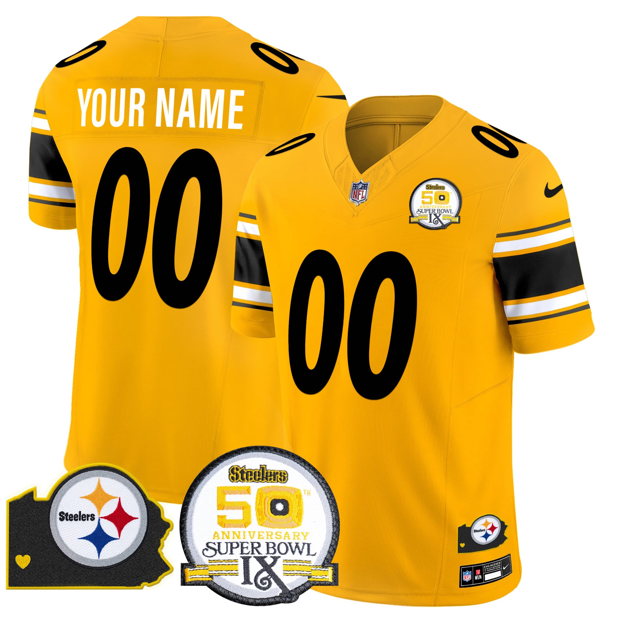 Pittsburgh Steelers 50th Anniversary Of Super Bowl IX Patch Vapor Limited Custom Jersey - All Stitched - Gold