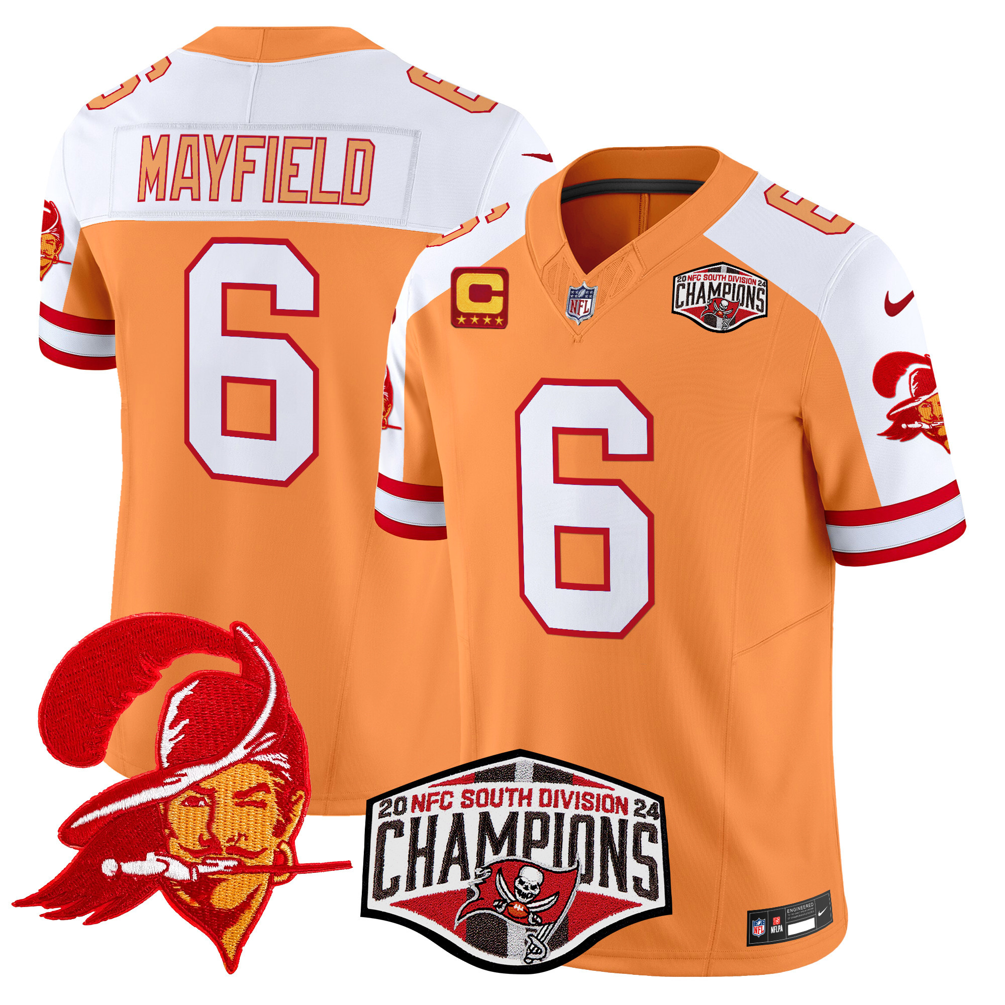 Tampa Bay Buccaneers Baker Mayfield 2024 NFC South Division Champions Patch Vapor Limited Jersey - All Stitched - Creamsicle Alternate