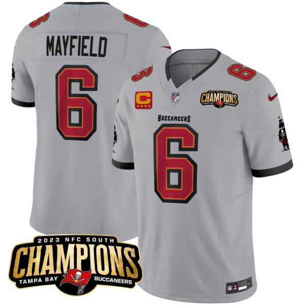 Tampa Bay Buccaneers Baker Mayfield 2023 NFC South Champions Patch Vapor Jersey - All Stitched - Gray