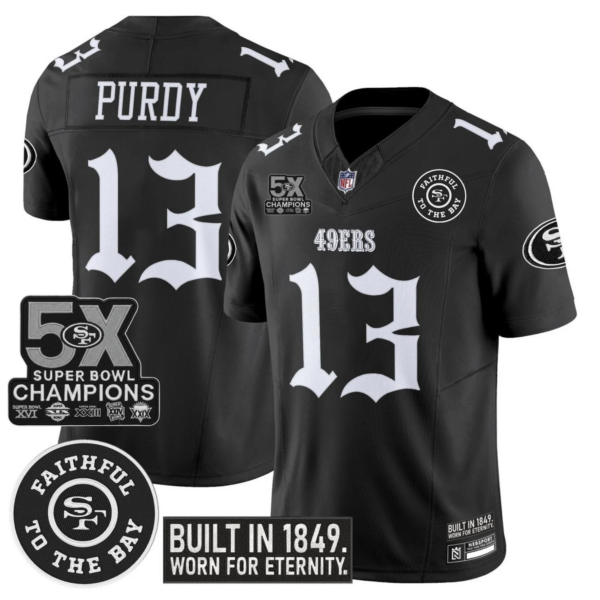 San Francisco 49ers Brock Purdy 'Fog City Gothic Edition' 5x Champions Patch Vapor Limited Jersey - All Stitched - Black