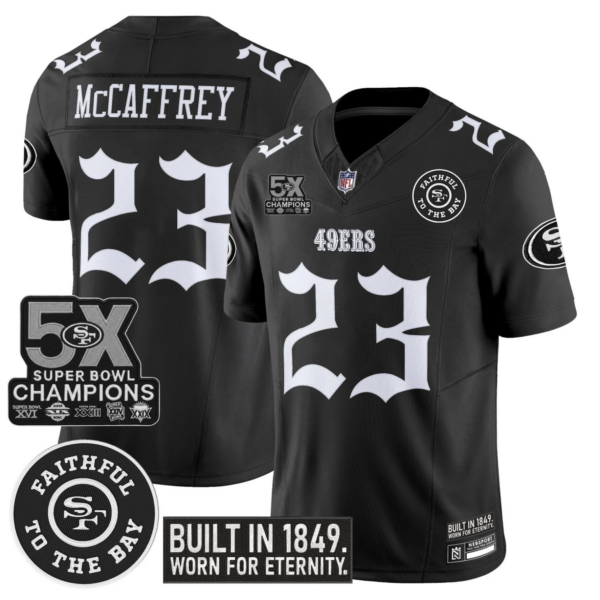 San Francisco 49ers Christian McCaffrey 'Fog City Gothic Edition' 5x Champions Patch Vapor Limited Jersey - All Stitched - Black