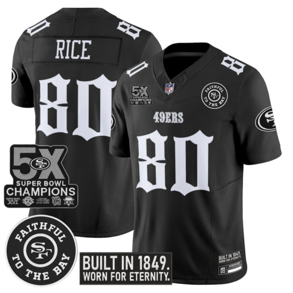 San Francisco 49ers Jerry Rice 'Fog City Gothic Edition' 5x Champions Patch Vapor Limited Jersey - All Stitched - Black