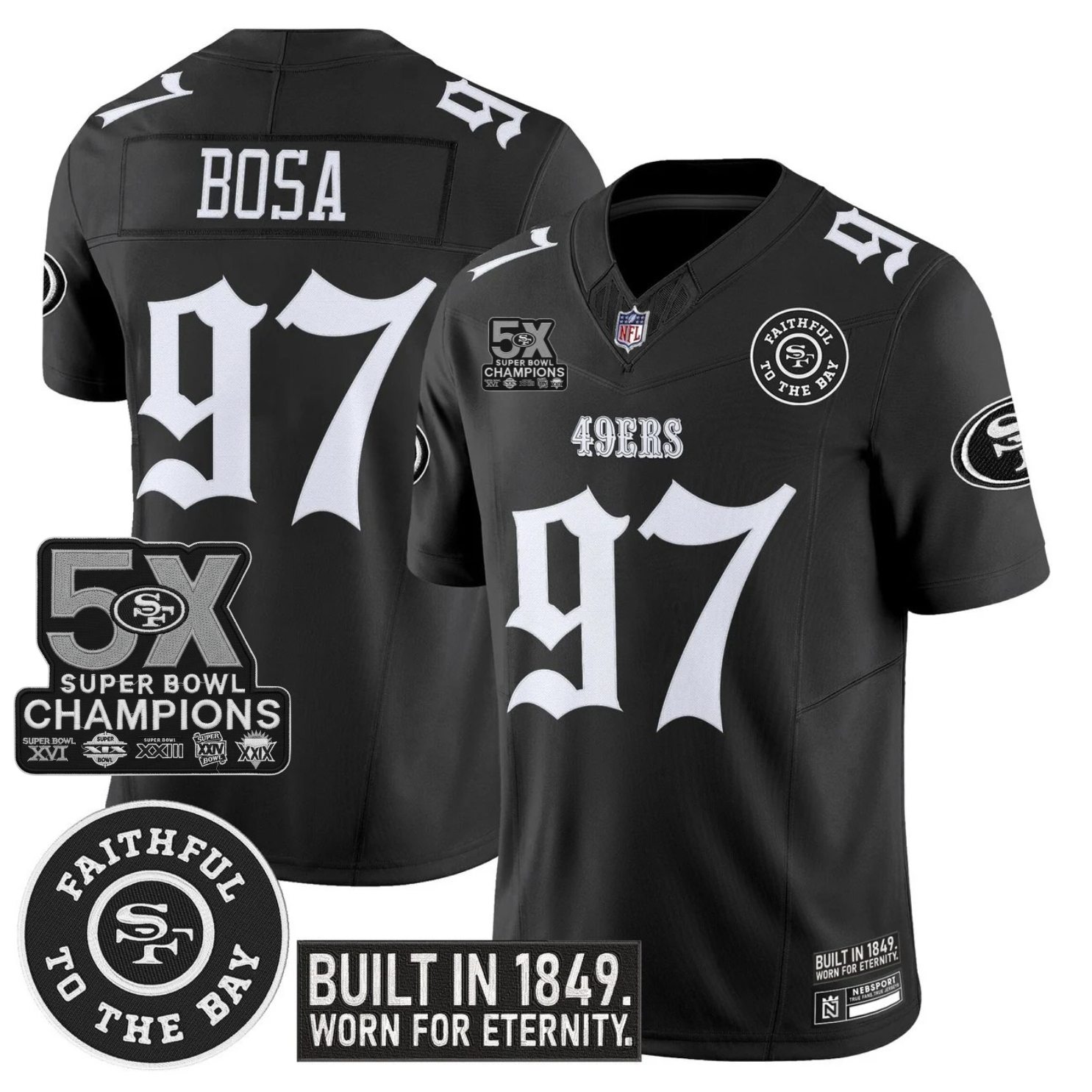 San Francisco 49ers Nick Bosa 'Fog City Gothic Edition' 5x Champions Patch Vapor Limited Jersey - All Stitched - Black
