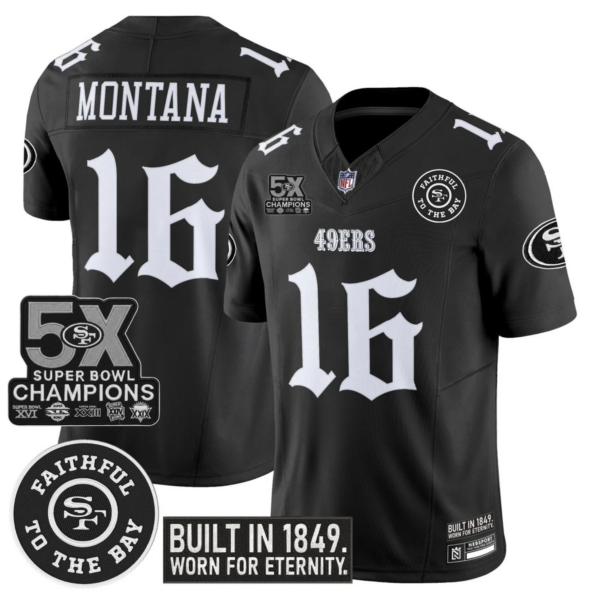 San Francisco 49ers Joe Montana 'Fog City Gothic Edition' 5x Champions Patch Vapor Limited Jersey - All Stitched - Black