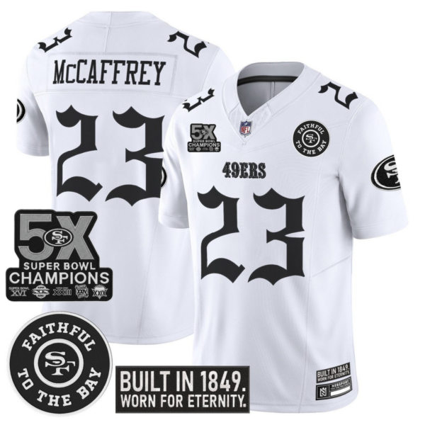 San Francisco 49ers Christian McCaffrey 'Fog City Gothic Edition' 5x Champions Patch Vapor Limited Jersey - All Stitched - White