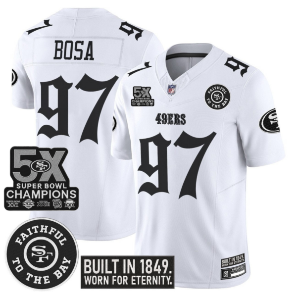 San Francisco 49ers Nick Bosa 'Fog City Gothic Edition' 5x Champions Patch Vapor Limited Jersey - All Stitched - White