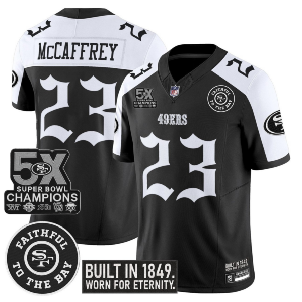 San Francisco 49ers Christian McCaffrey 'Fog City Gothic Edition' 5x Champions Patch Vapor Limited Jersey - All Stitched - Alternate
