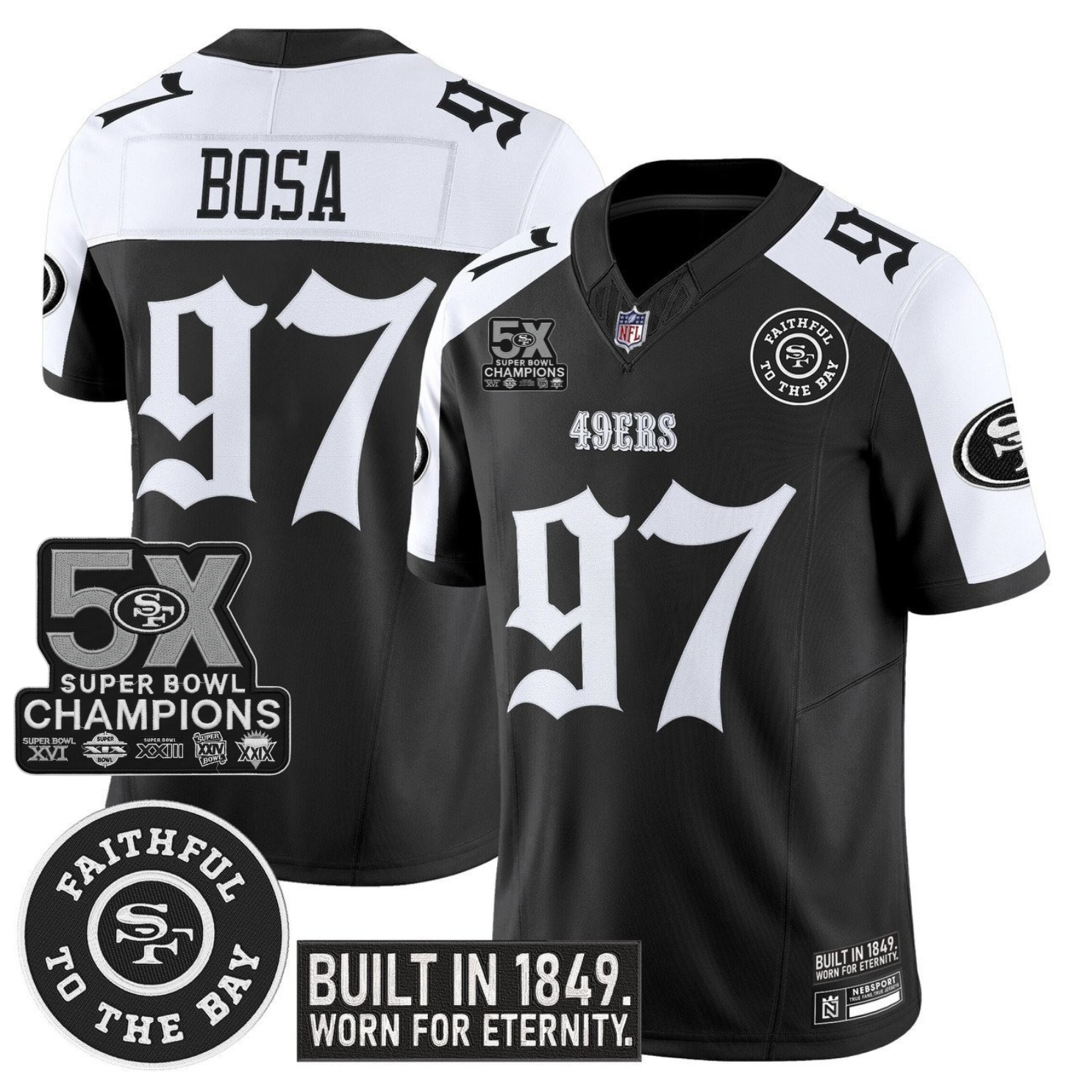 San Francisco 49ers Nick Bosa 'Fog City Gothic Edition' 5x Champions Patch Vapor Limited Jersey - All Stitched - Alternate