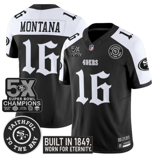 San Francisco 49ers Joe Montana 'Fog City Gothic Edition' 5x Champions Patch Vapor Limited Jersey - All Stitched - Alternate