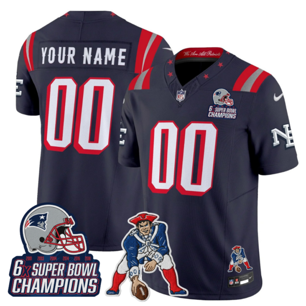 New England Patriots '6x Champions' Rivalries Throwbacks Mascot Patch Vapor Limited Custom Jersey - All Stitched - Navy