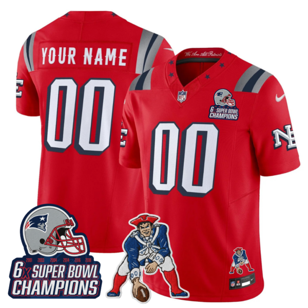 New England Patriots '6x Champions' Rivalries Throwbacks Mascot Patch Vapor Limited Custom Jersey - All Stitched - Red