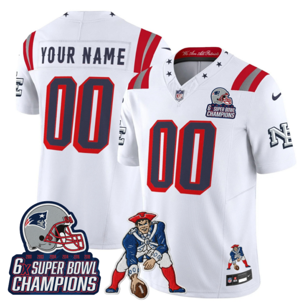 New England Patriots '6x Champions' Rivalries Throwbacks Mascot Patch Vapor Limited Custom Jersey - All Stitched - White