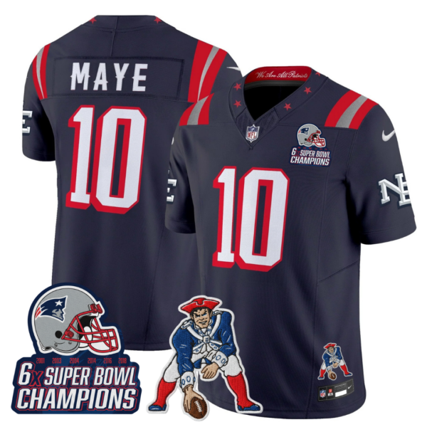 New England Patriots Drake Maye '6x Champions' Rivalries Throwbacks Mascot Patch Vapor Limited Jersey - All Stitched - Navy