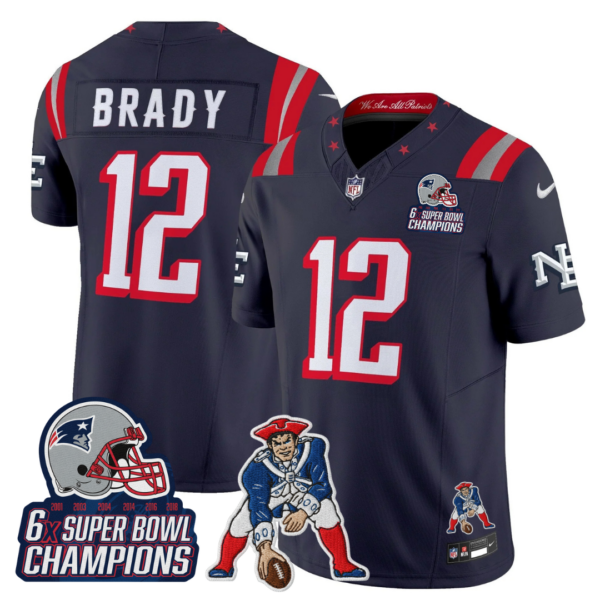 New England Patriots Tom Brady '6x Champions' Rivalries Throwbacks Mascot Patch Vapor Limited Jersey - All Stitched - Navy