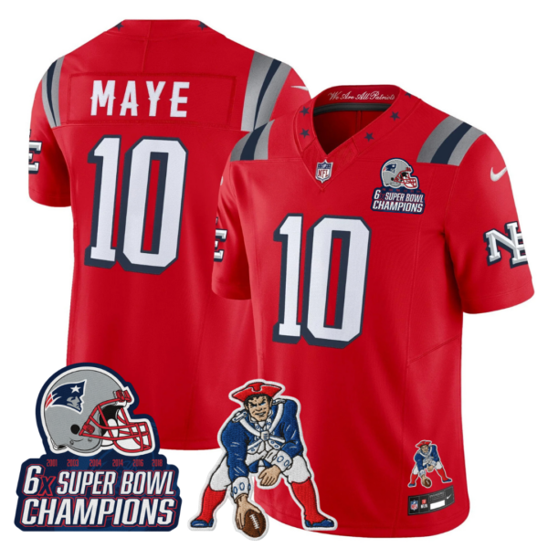 New England Patriots Drake Maye '6x Champions' Rivalries Throwbacks Mascot Patch Vapor Limited Jersey - All Stitched - Red