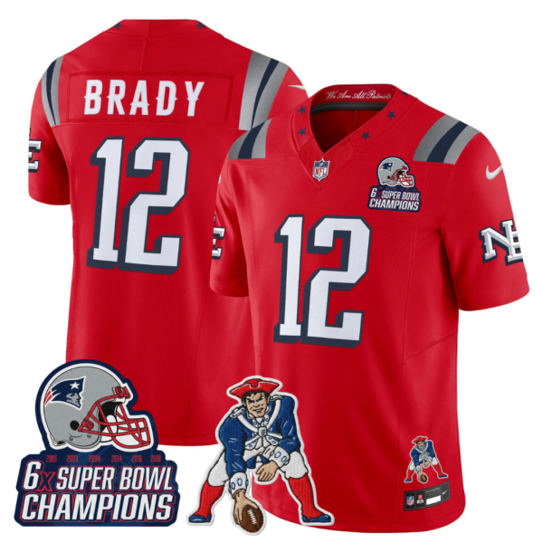 New England Patriots Tom Brady '6x Champions' Rivalries Throwbacks Mascot Patch Vapor Limited Jersey - All Stitched - Red