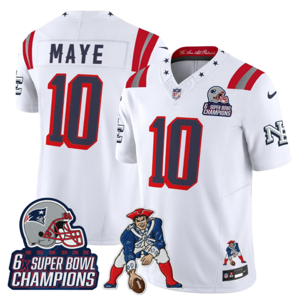 New England Patriots Drake Maye '6x Champions' Rivalries Throwbacks Mascot Patch Vapor Limited Jersey - All Stitched - White