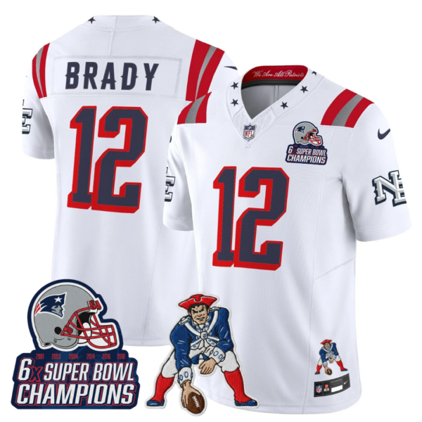 New England Patriots Tom Brady '6x Champions' Rivalries Throwbacks Mascot Patch Vapor Limited Jersey - All Stitched - White