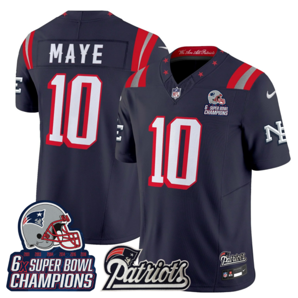 New England Patriots Drake Maye '6x Champions' Patch Rivalries Vapor Limited Jersey - All Stitched - Navy