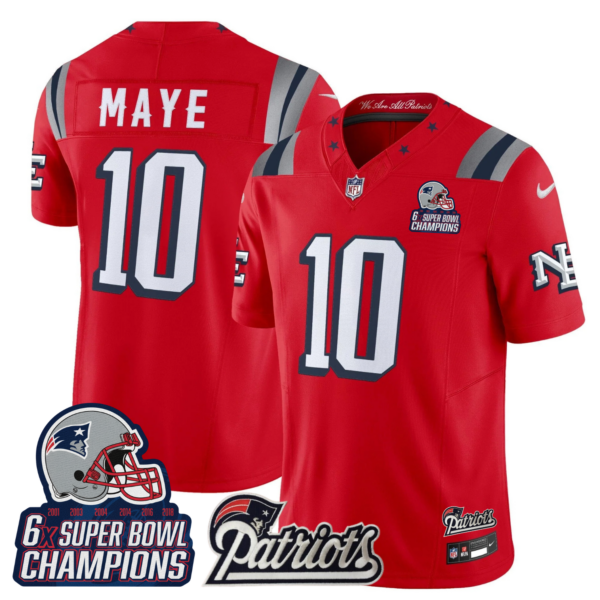 New England Patriots Drake Maye '6x Champions' Patch Rivalries Vapor Limited Jersey - All Stitched - Red